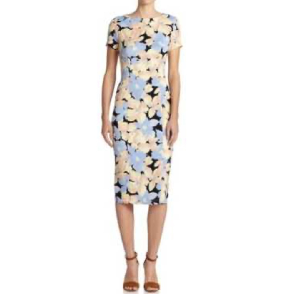 SUNO Pastel Blue & Peach Floral‎ Silk Midi Sheath Dress